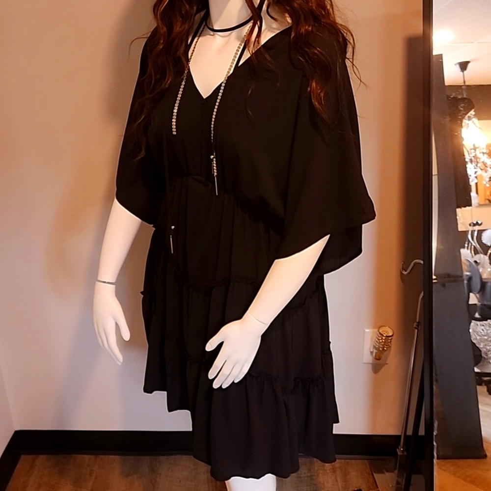 Black Dress Vneck with tie in back, Light but not see thru, knee length